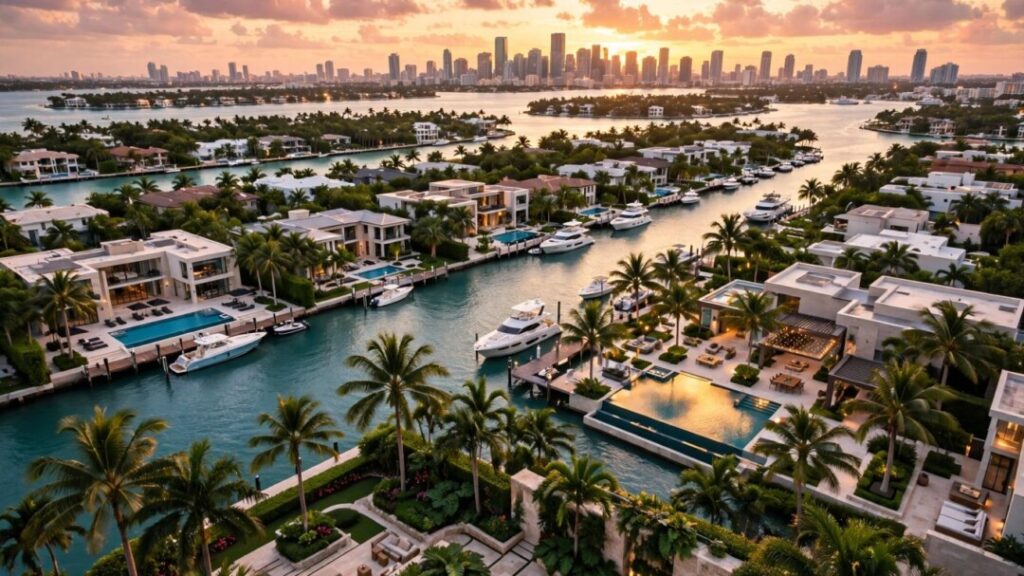 Luxury Miami-Dade waterfront mansions with pools, yachts, and skyline.