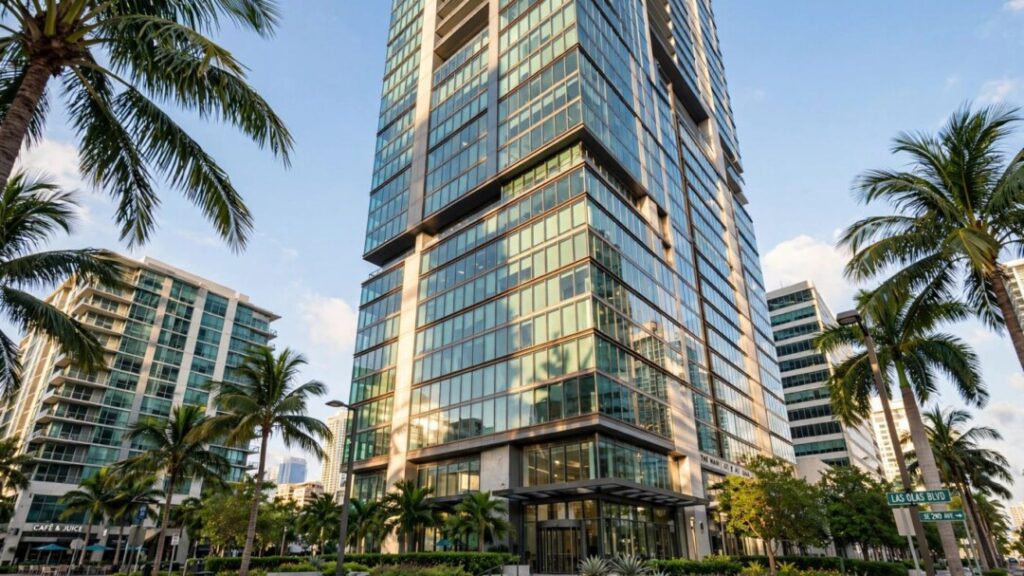 Modern Fort Lauderdale office tower surrounded by palms and downtown buildings