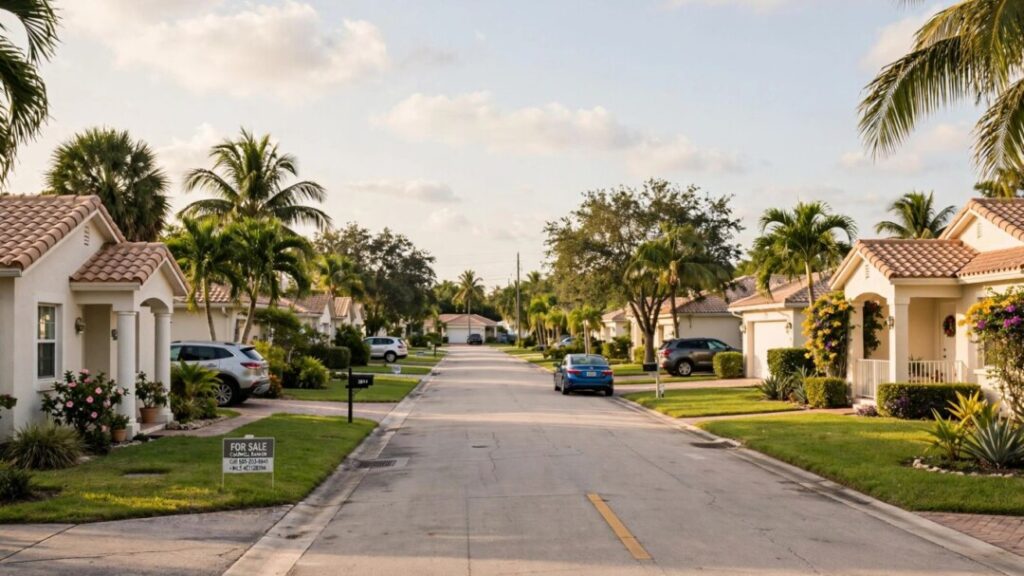 Quiet Florida homes beneath palm trees in warm afternoon light