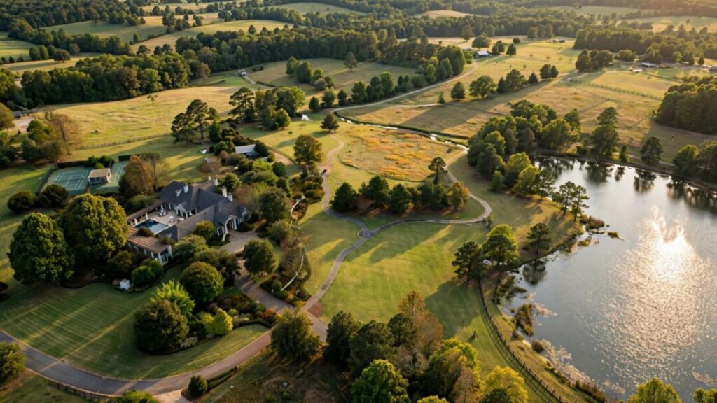A grand Georgia estate surrounded by woods, fields, and a lake