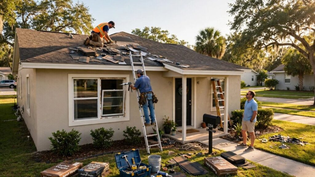 Worker repairs a modest Florida home while homeowner watches