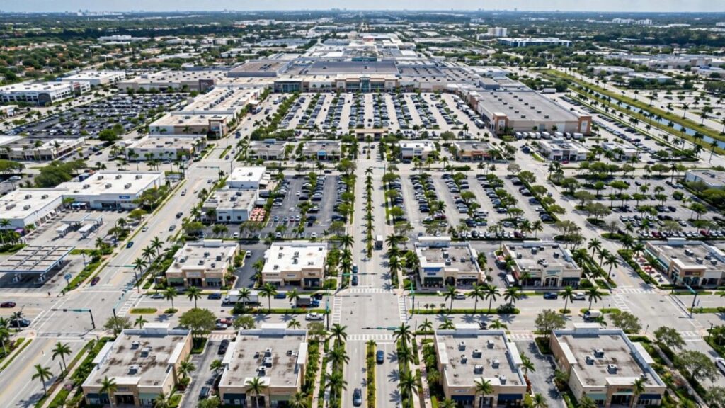 Miami-Dade mall beside smaller retail buildings and palm-lined roads