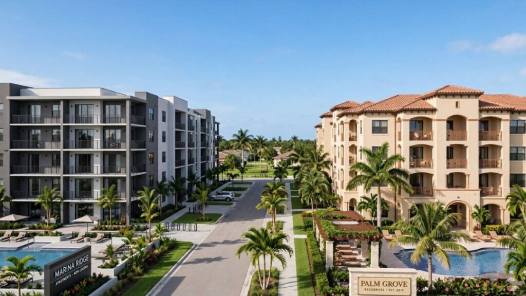Two Florida apartment communities with balconies, palm trees, landscaping, and a pool