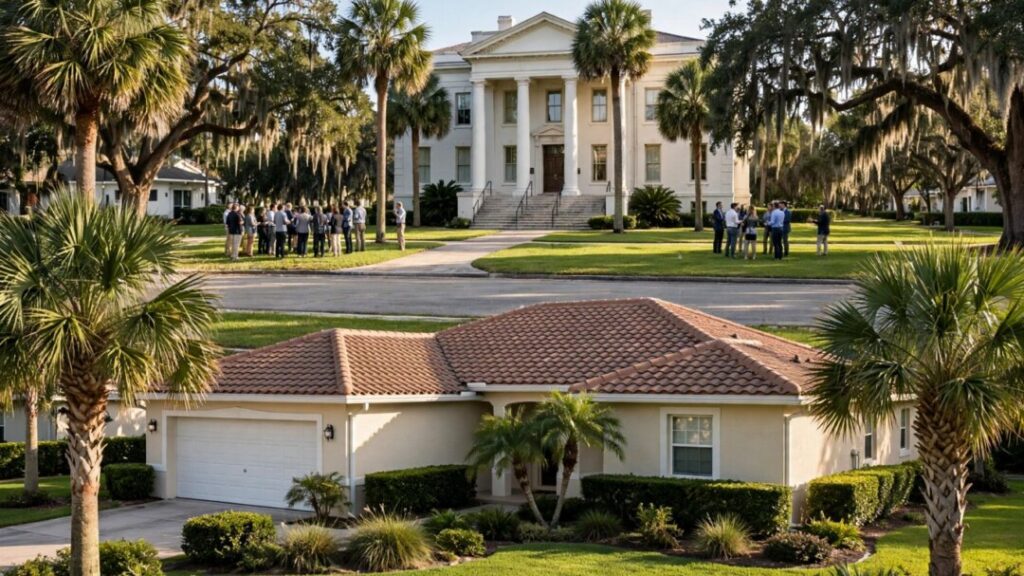 Florida homeowners and investors debate property taxes outside a courthouse