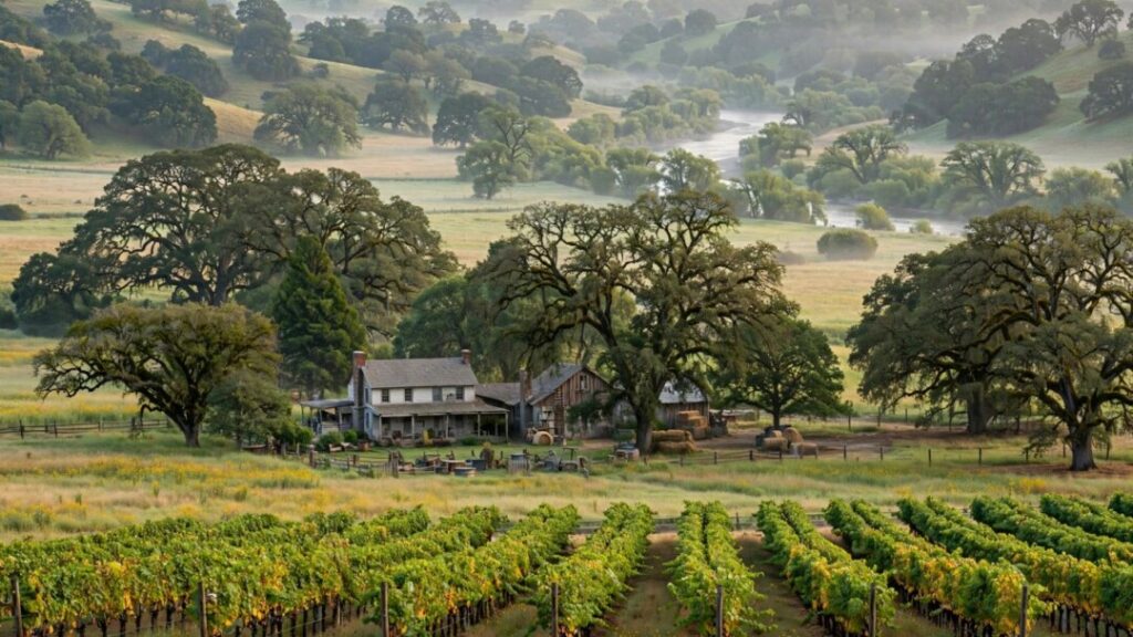 Historic ranch surrounded by oak trees, meadows, and vineyard rows.
