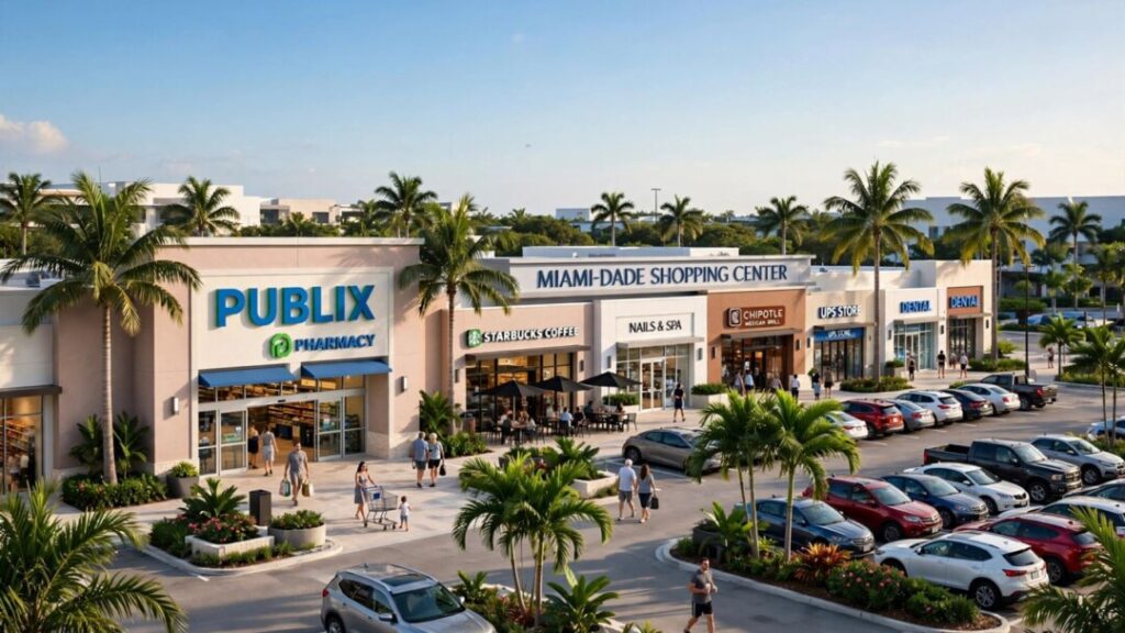 Publix grocery store anchors a sunny Miami-Dade shopping center