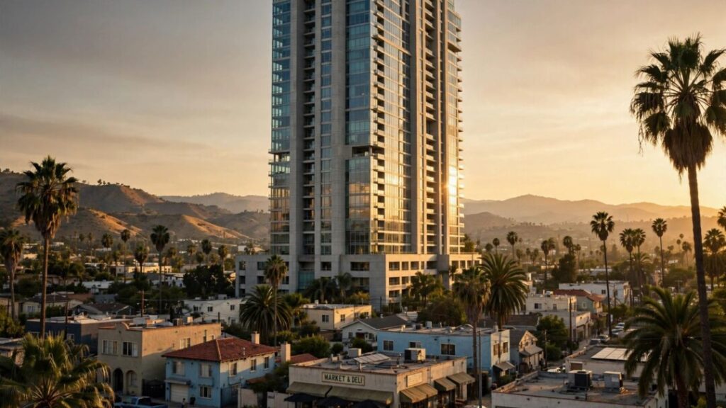 Thirty-story tower rising above Hollywood homes and palm-lined streets