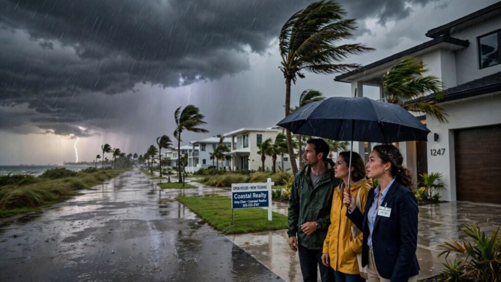 Storm clouds loom over Florida homes, palm trees, and prospective buyers.