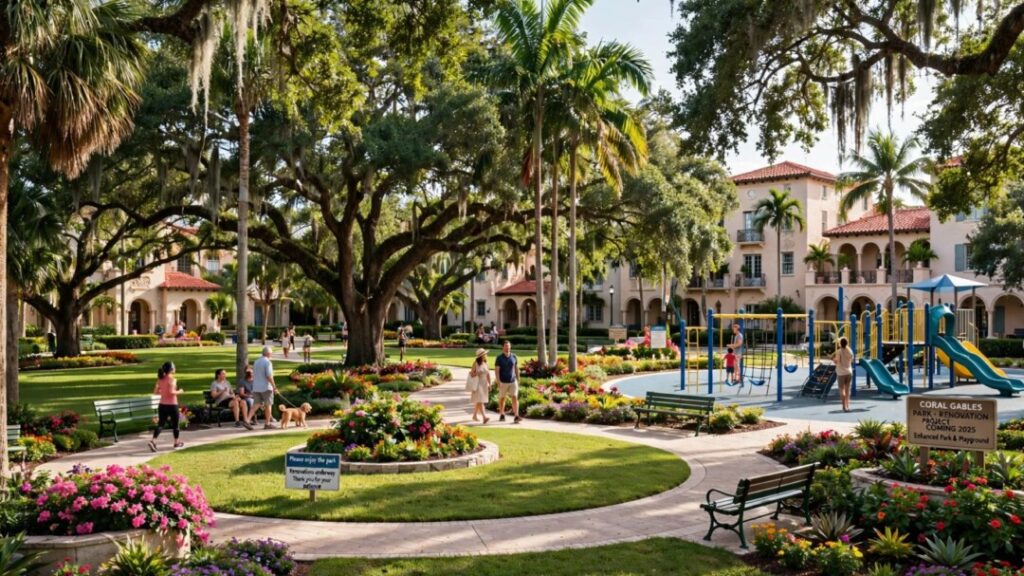 Circular park path winding through lawns, palms, and flowering gardens