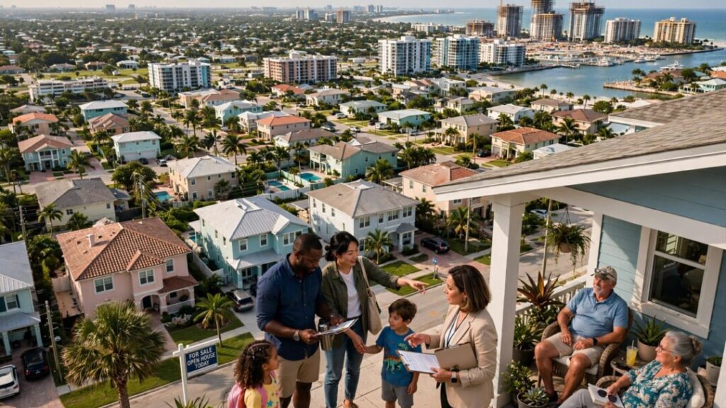 Florida homes, city towers, families, retirees, and construction cranes