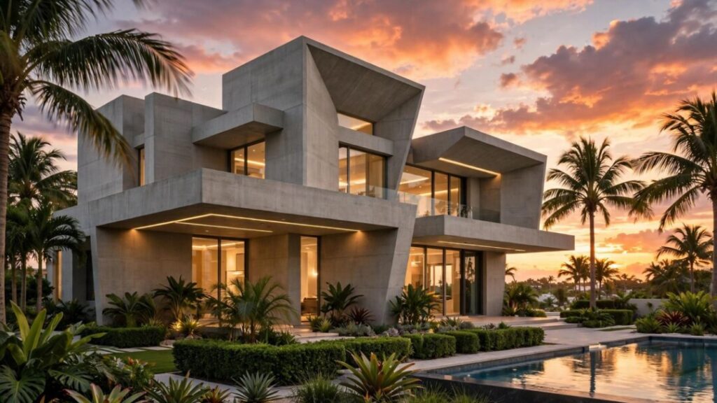 Modern concrete Boca Raton mansion surrounded by palms and tropical landscaping
