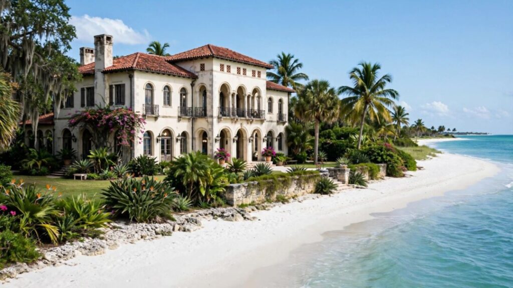 Historic Siesta Key estate overlooking white sand and turquoise Gulf waters