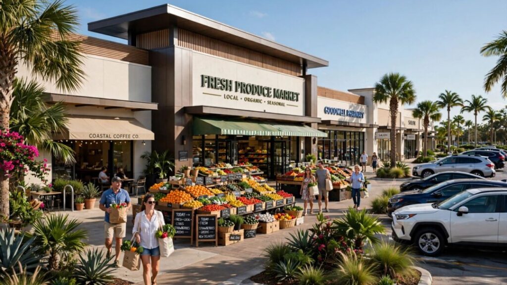 Modern Florida shopping center with palm trees and shoppers