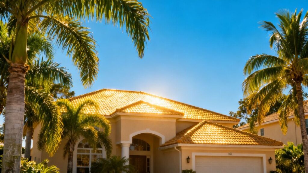 Florida home under a sunny sky with palm trees.