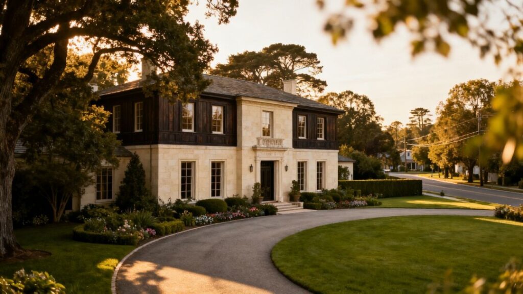 Elegant Hillsborough estate with gardens, driveway, trees, and sunlit façade.