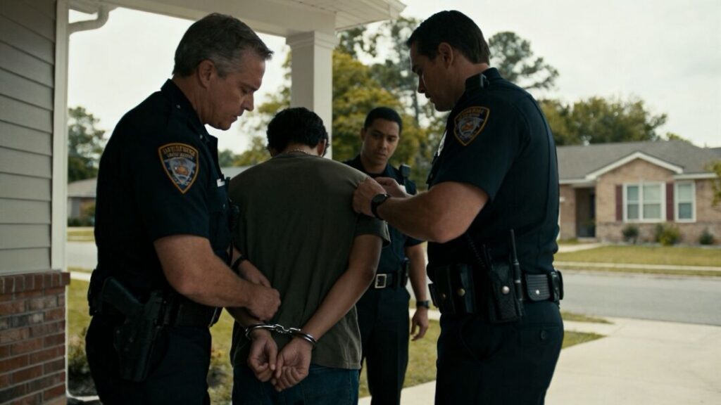Police arresting two people outside a house.