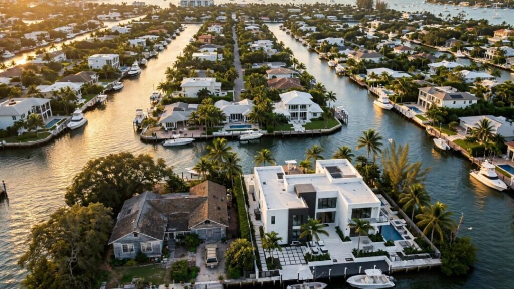 Fort Lauderdale waterfront homes along a palm-lined canal at sunset