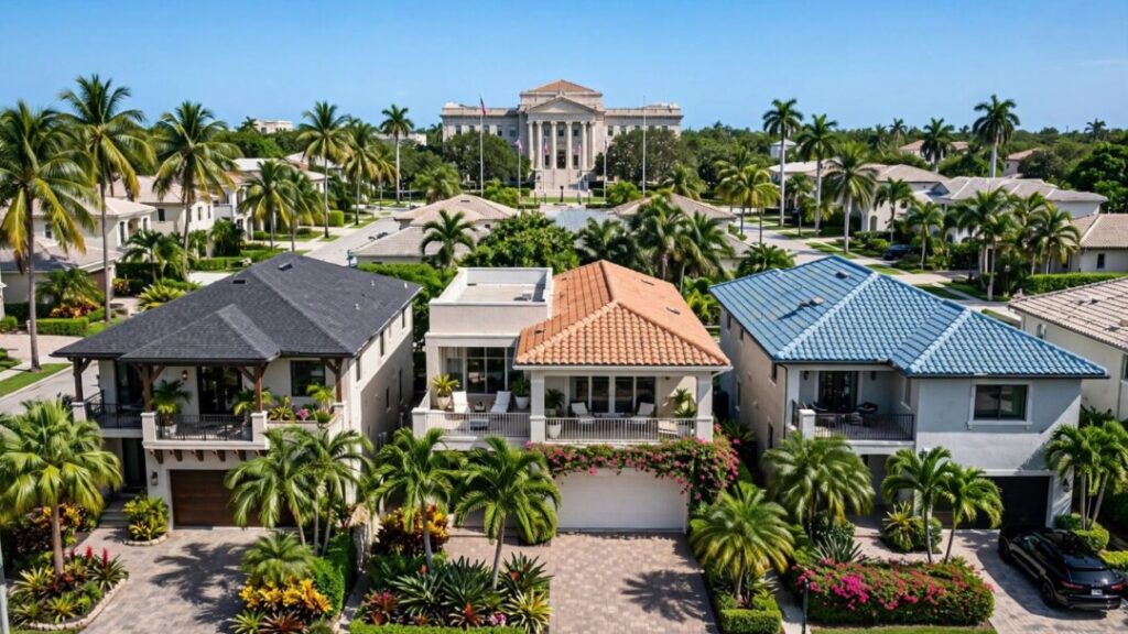 South Florida homes along a palm-lined street under sunny skies