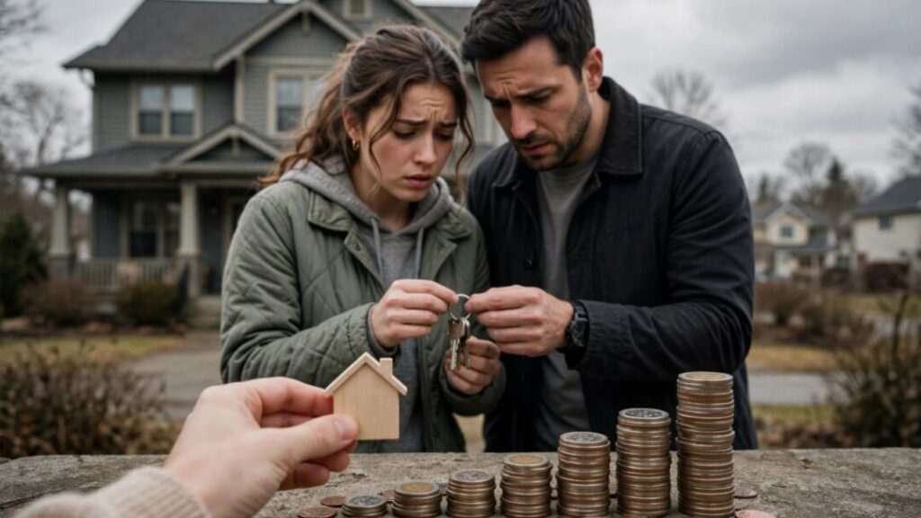 Worried couple outside a home as mortgage costs climb