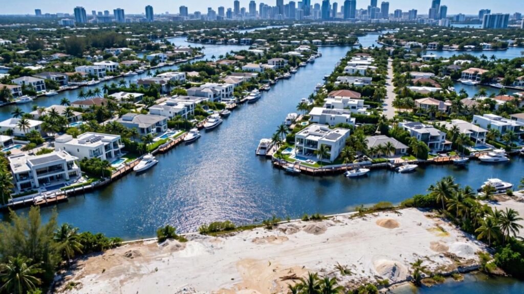 Fort Lauderdale waterfront lots beside canals, docks, yachts, and luxury homes