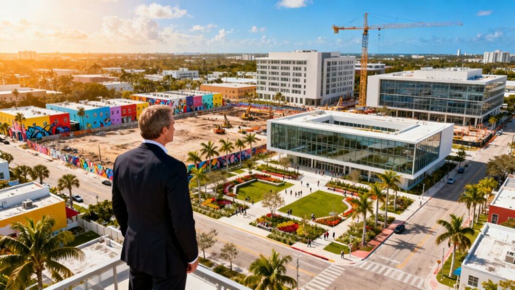 Aerial view of Wynwood beside a new Miami university campus
