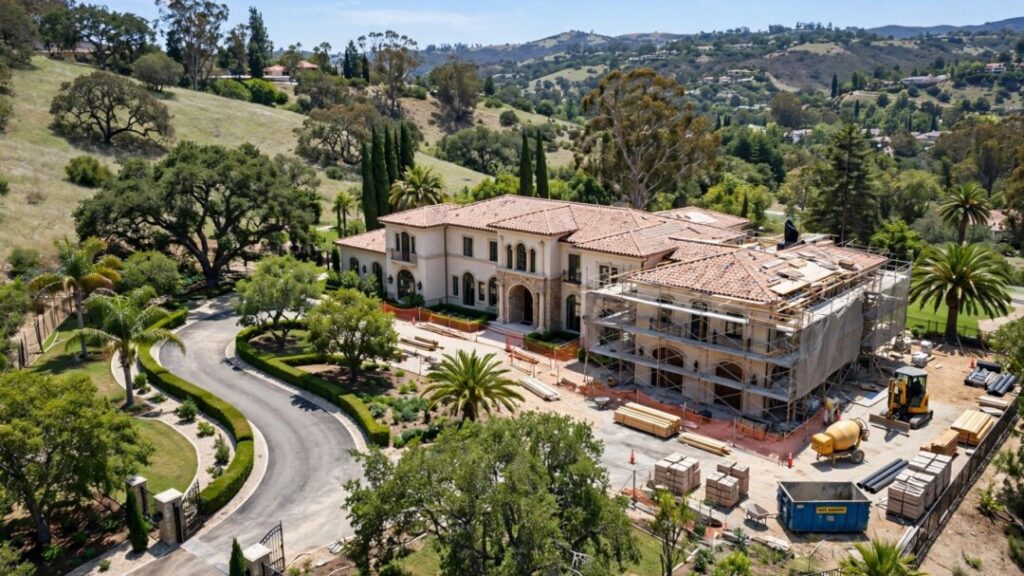 Hillsborough mansion under construction amid landscaped grounds and mature trees
