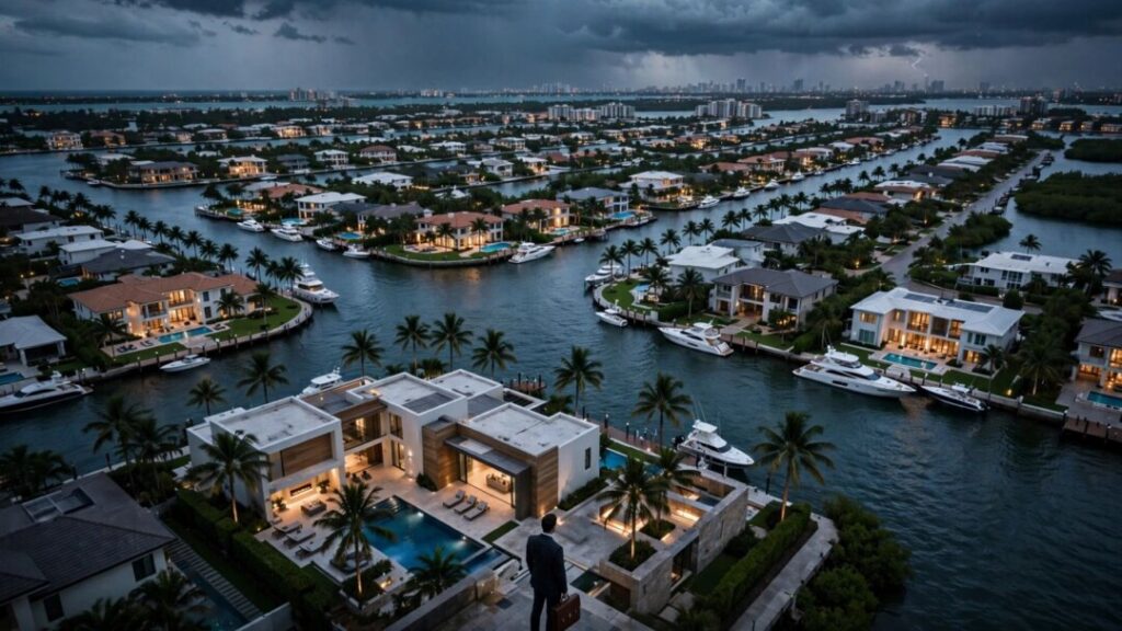 Luxury waterfront homes and yachts under storm clouds in South Florida