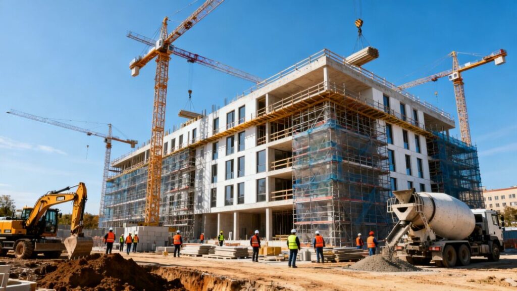 Construction of Olana Naples building with cranes and machinery.