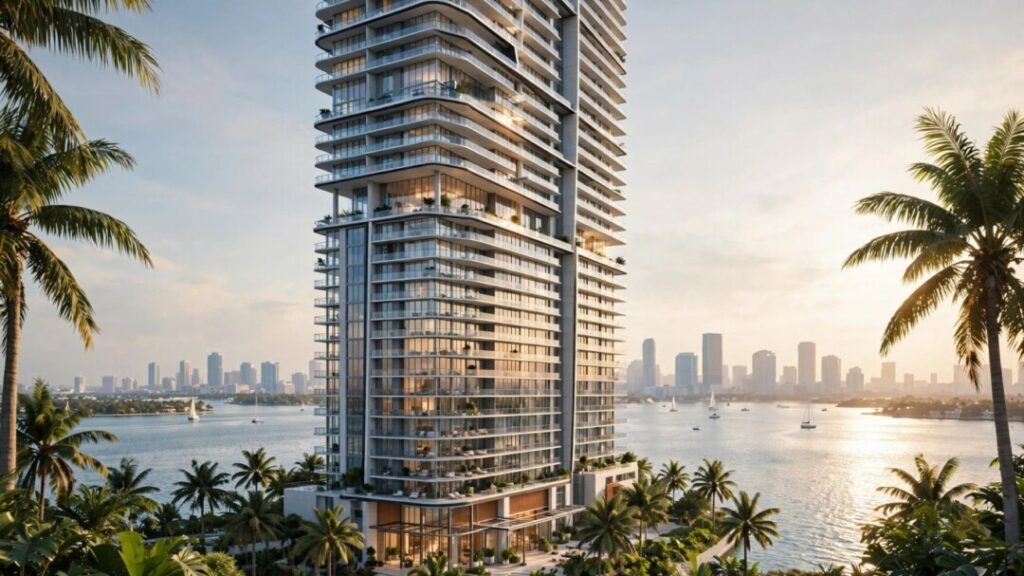 Luxury condominium tower overlooking Miami’s sunlit Edgewater waterfront