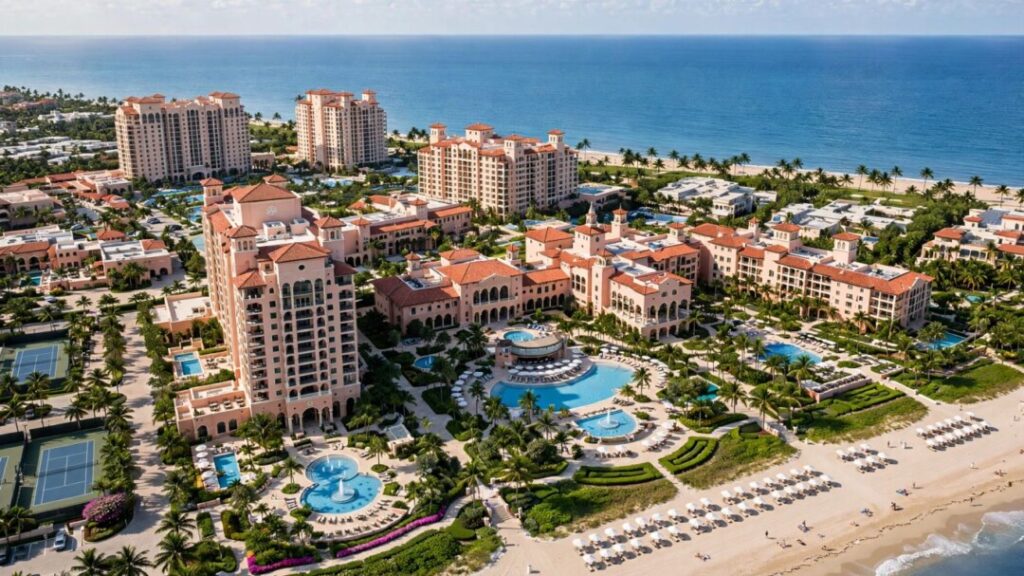 Luxury Boca Raton resort condos beside pools, palms, and ocean