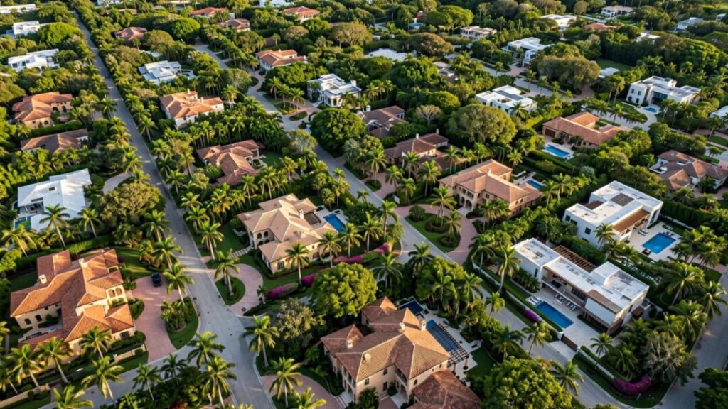 Aerial view of upscale Ponce-Davis estate homes and tropical landscaping