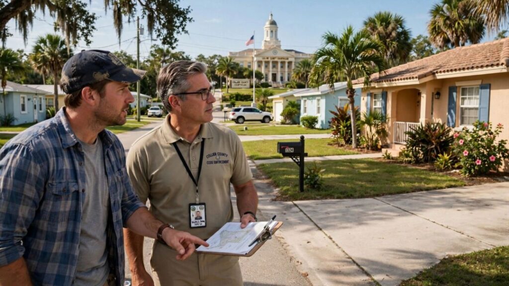 Florida homeowner and official near homes and courthouse