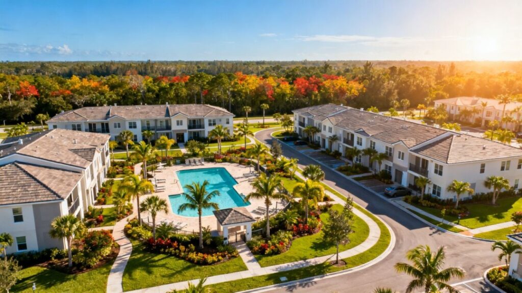 Two Florida residential communities with apartments, pools, and palm trees.