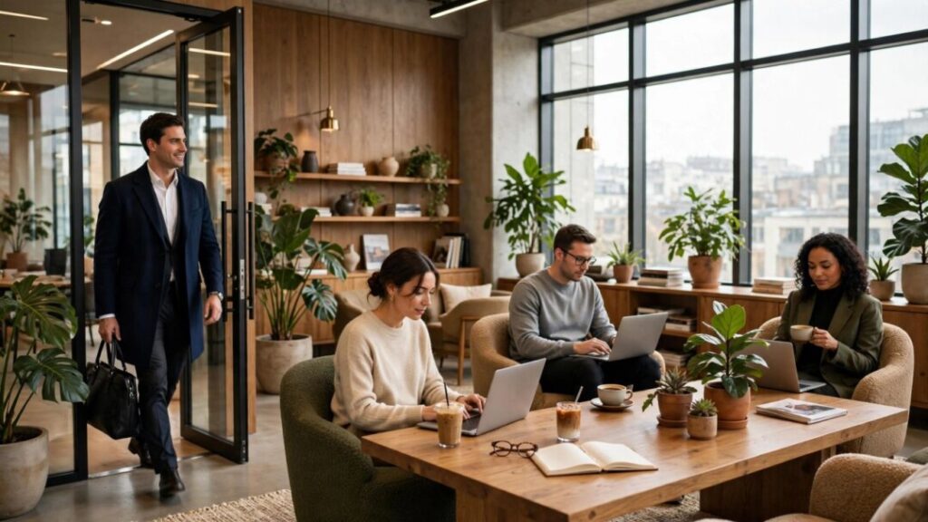 Professionals relax and work in an upscale urban coworking lounge.