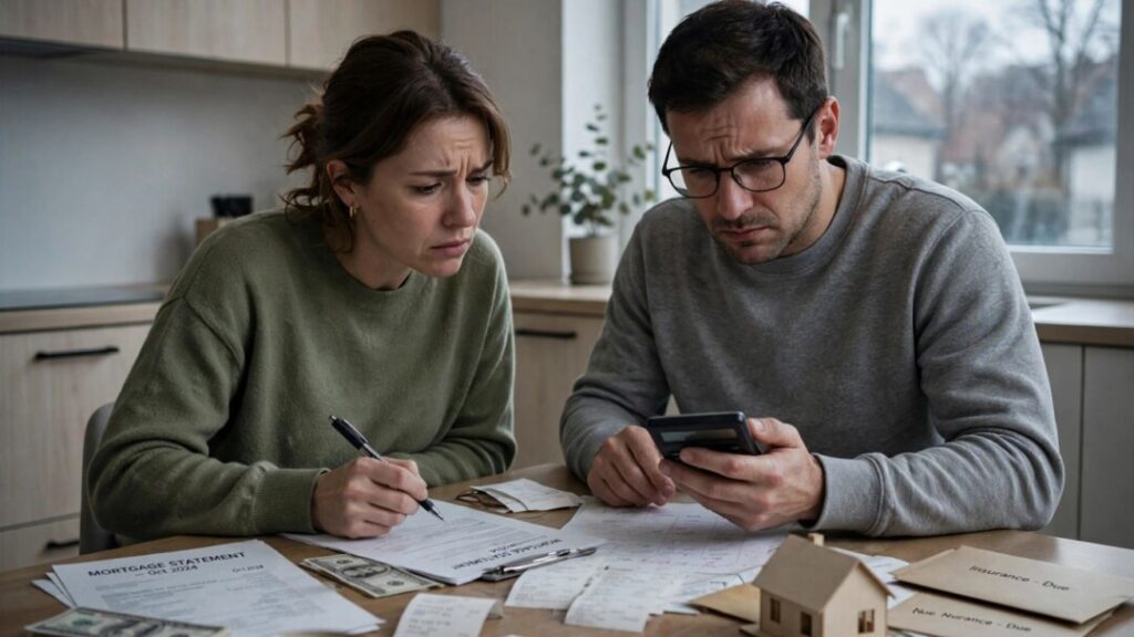 Worried couple reviews mortgage finances at their kitchen table
