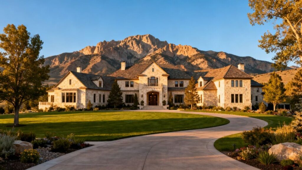 Utah megamansion with expansive grounds beneath rugged mountains