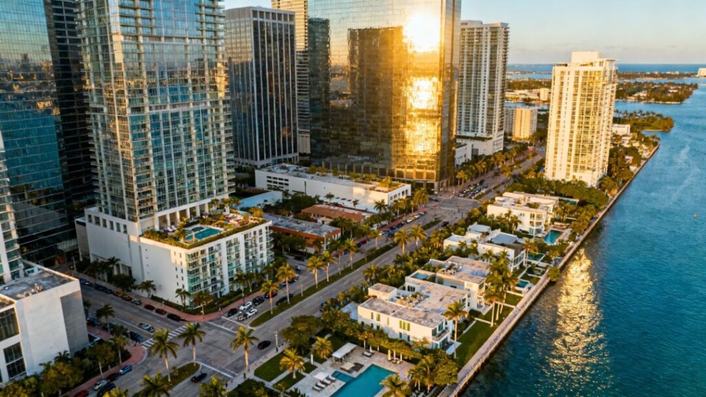 Brickell office towers beside luxury waterfront homes and tropical landscaping