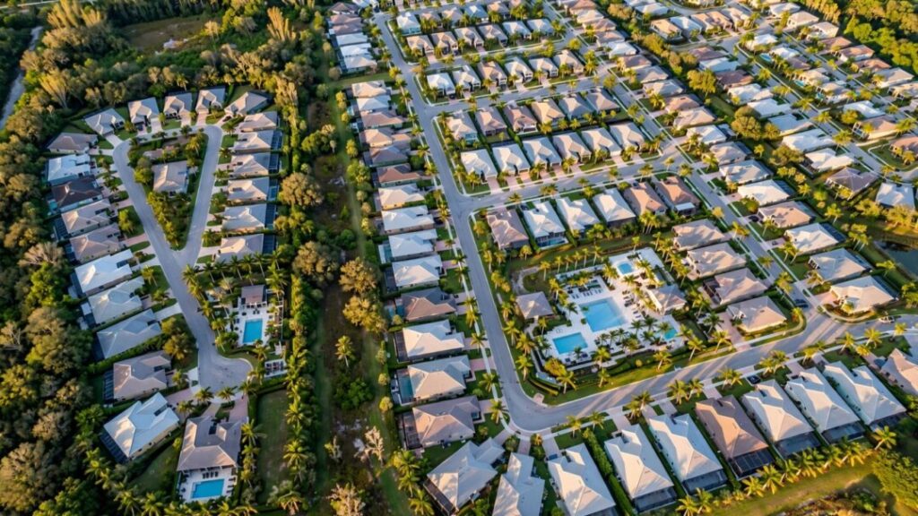 Aerial view of two Florida residential communities with homes and palm trees
