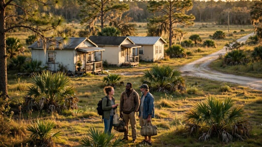Residents gather outside modest homes on rural Florida land.