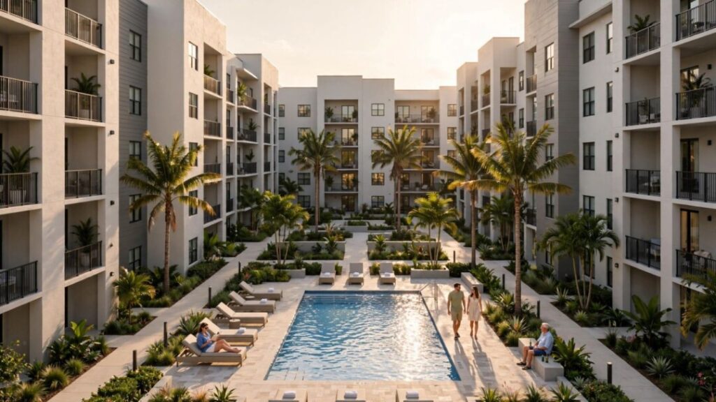 Florida apartment community with palm trees and a pool