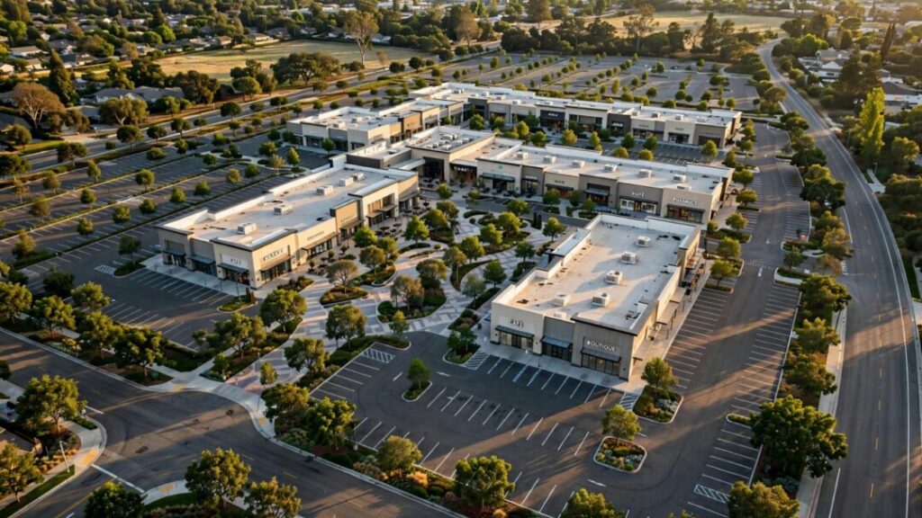 Aerial view of a modern Pleasanton shopping center and parking lot.