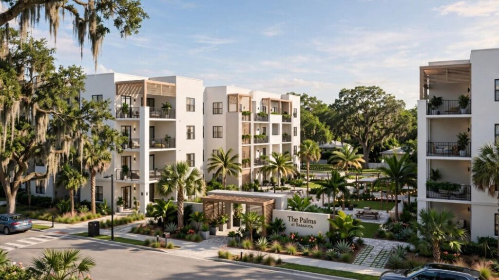 Modest Sarasota apartment development surrounded by palms and landscaped courtyards