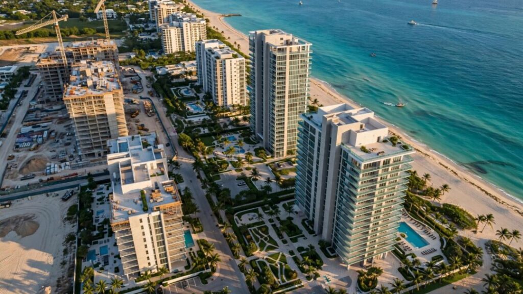 Luxury Boca Raton condos under construction beside turquoise ocean