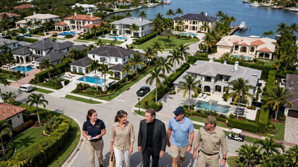 Eight luxury Florida homes beside palm-lined streets and blue water.