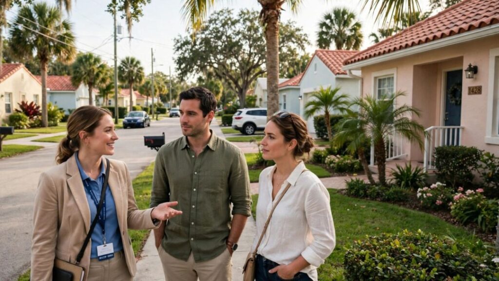 Florida couple viewing a home on a quiet palm-lined neighborhood street