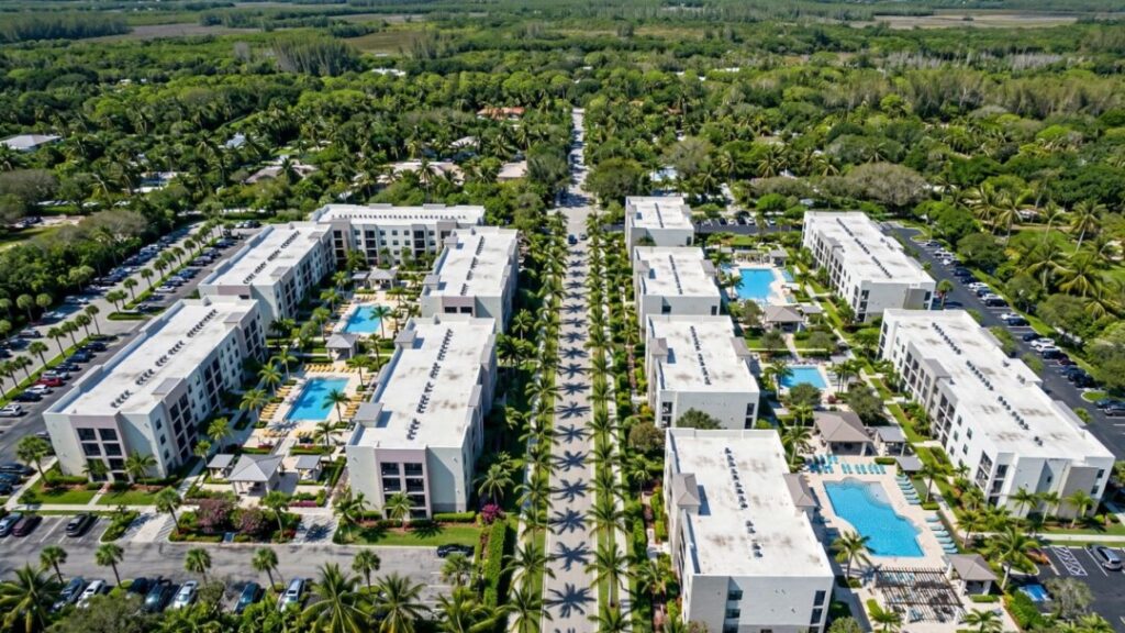 Two Florida apartment communities surrounded by palms and landscaped courtyards