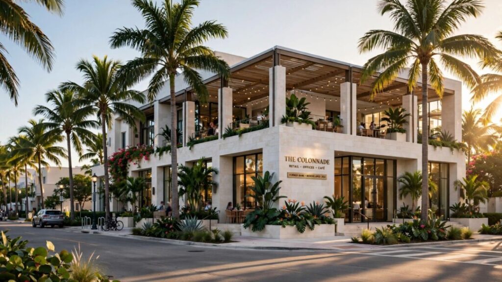 Modern Palm Beach development with glass, stone, and palms