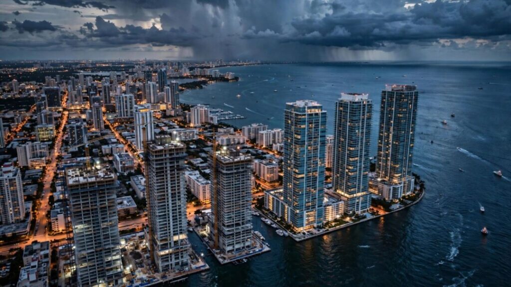 Six Brickell condo towers rise above Biscayne Bay at dusk.