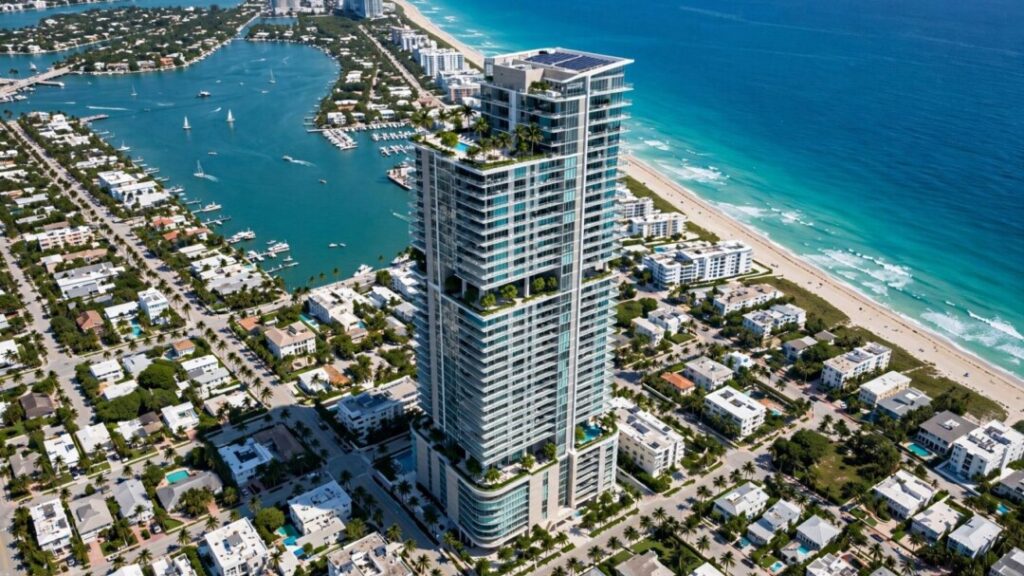Modern Miami Beach waterfront tower beside blue ocean and palm-lined coast