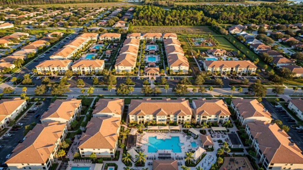 Two Florida apartment communities with pools and palm-lined courtyards